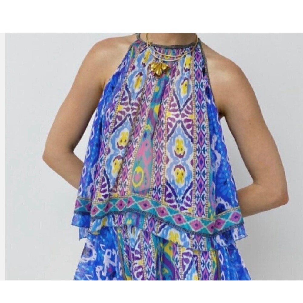 Zara‎ Womens Blue Ikat Print Halter Trapeze Top Beaded Trim Boho Chiffon Size M